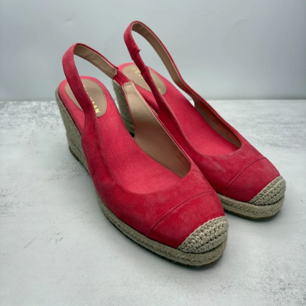 Cole Haan Cloudfeel Slingback Espadrille Wedge Pumps 7.5 Geranium Suede NWOB